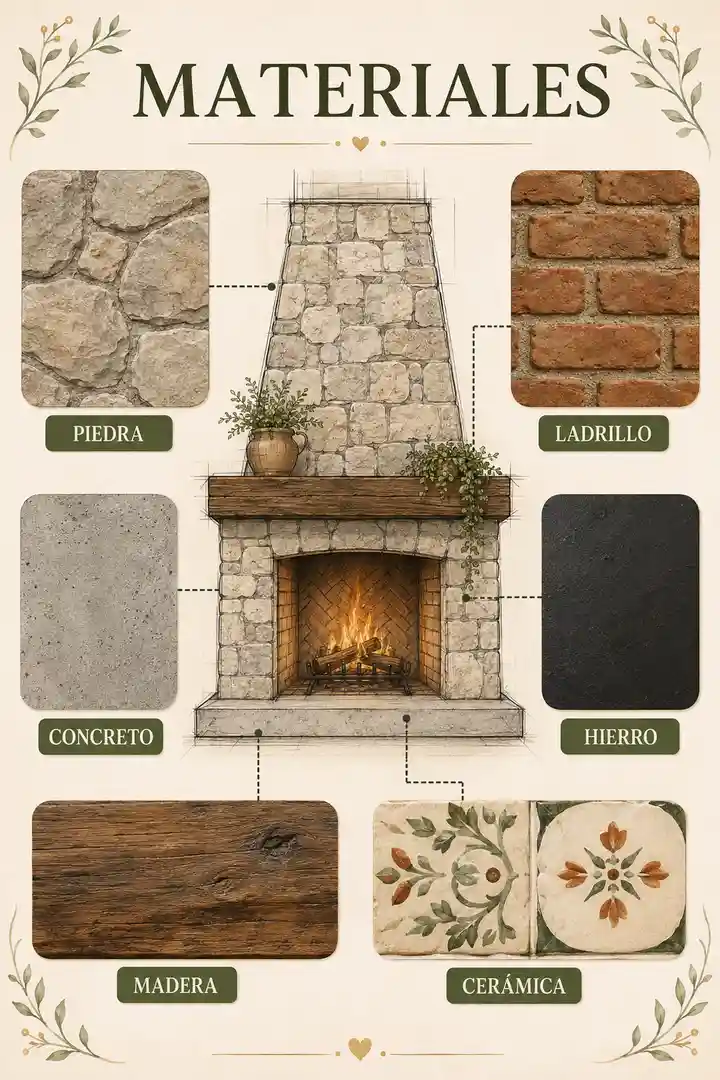 Materiales recomendados para chimeneas rústicas: piedra, ladrillo, concreto, hierro, madera y cerámica