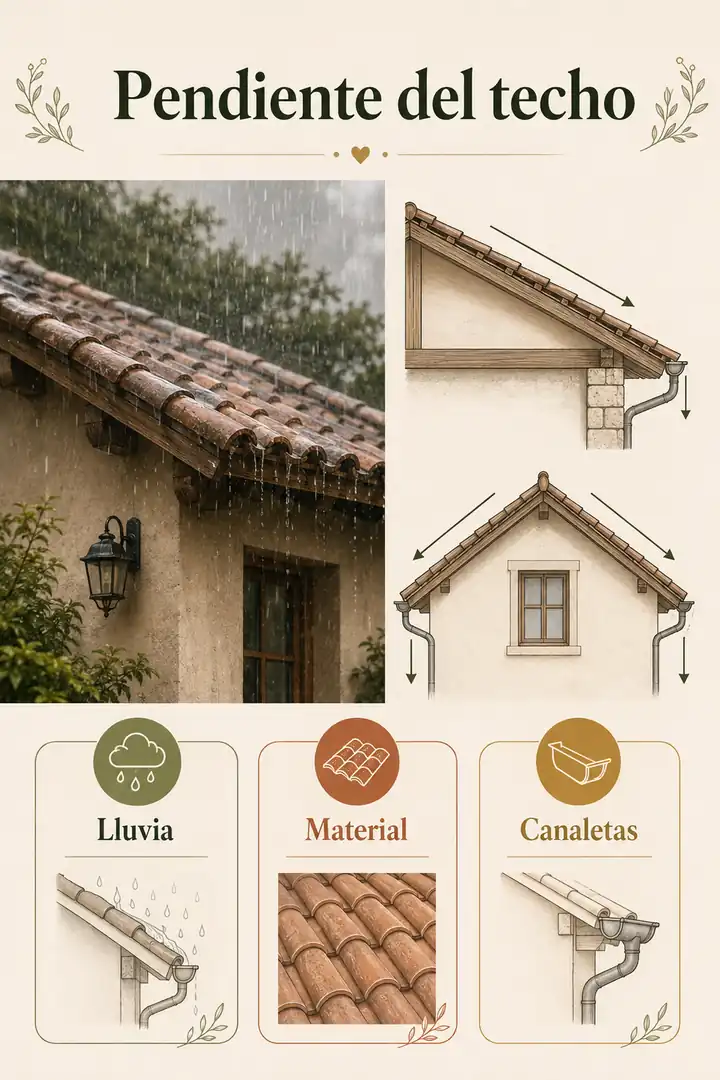 Infografía sobre la pendiente del techo y drenaje