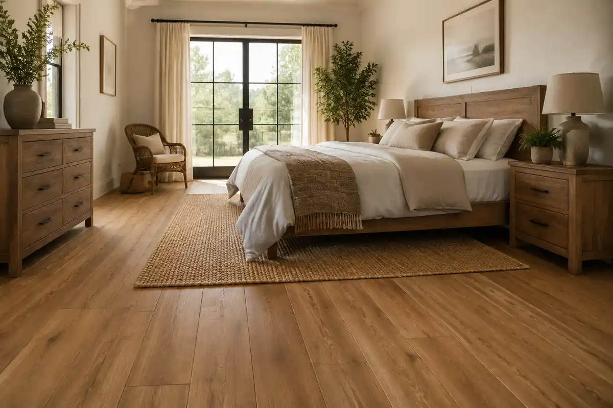 Piso tipo madera con alfombra de yute en dormitorio rústico