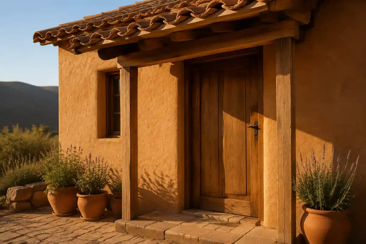 Puerta de madera en una casa rústica de adobe