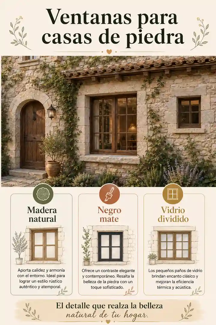 Infografía de ventanas para casas de piedra