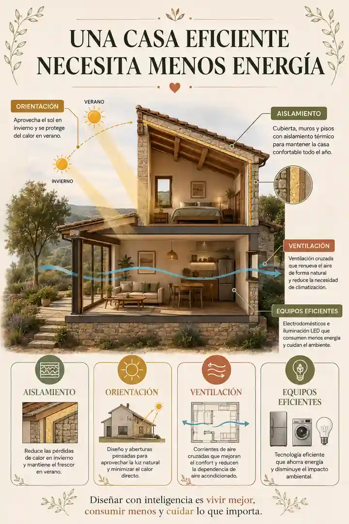 Diseño eficiente con aislamiento, orientación, ventilación y equipos de bajo consumo