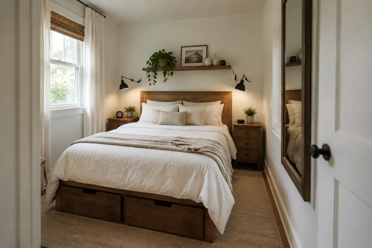 Dormitorio rústico pequeño con muebles funcionales y colores claros