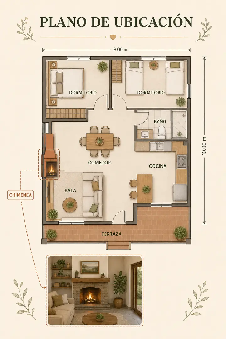 Plano de ubicación de una chimenea en una casa de campo de dos dormitorios
