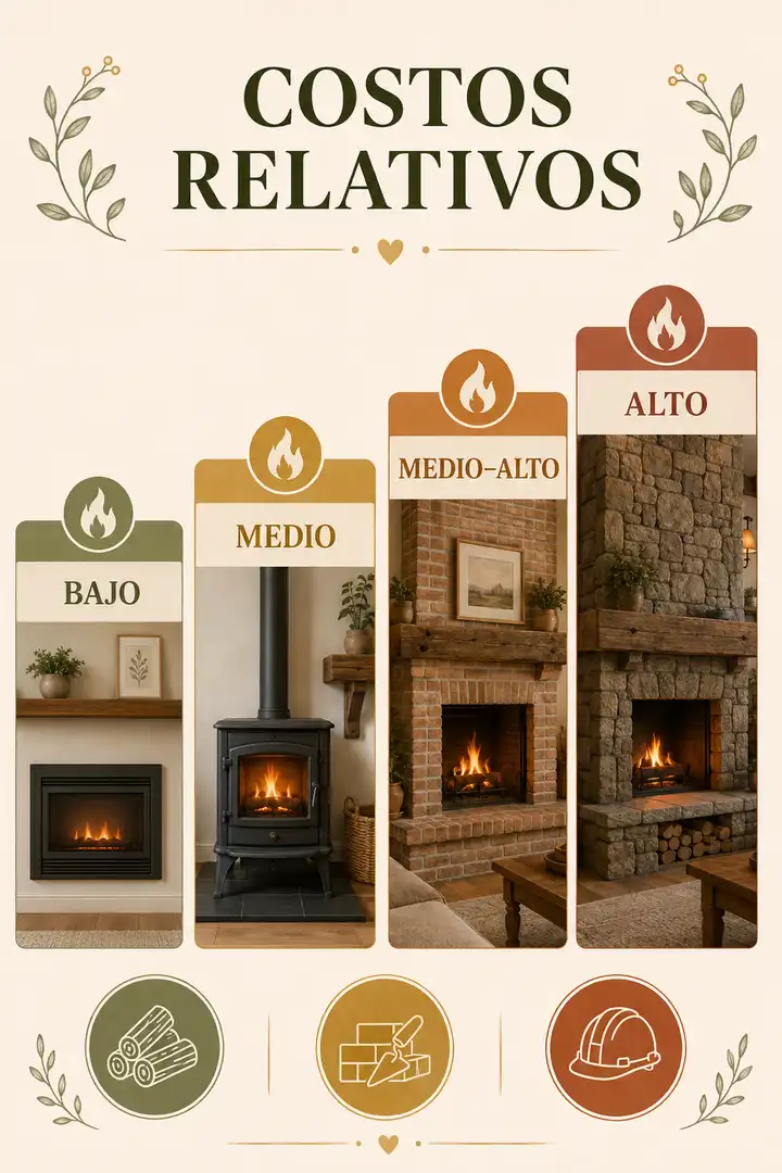 Comparación de costos relativos de chimeneas eléctricas, estufas, ladrillo y piedra