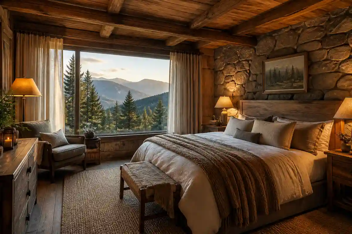 Dormitorio rústico para cabaña con vista al bosque