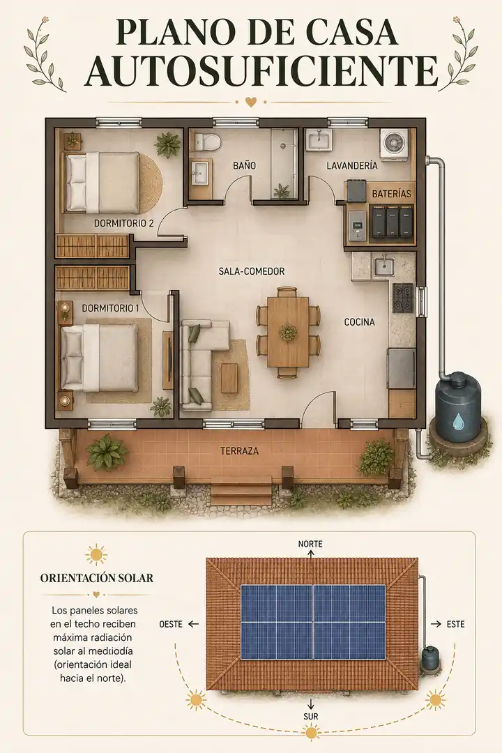Plano de una casa autosuficiente de dos dormitorios con área técnica y terraza
