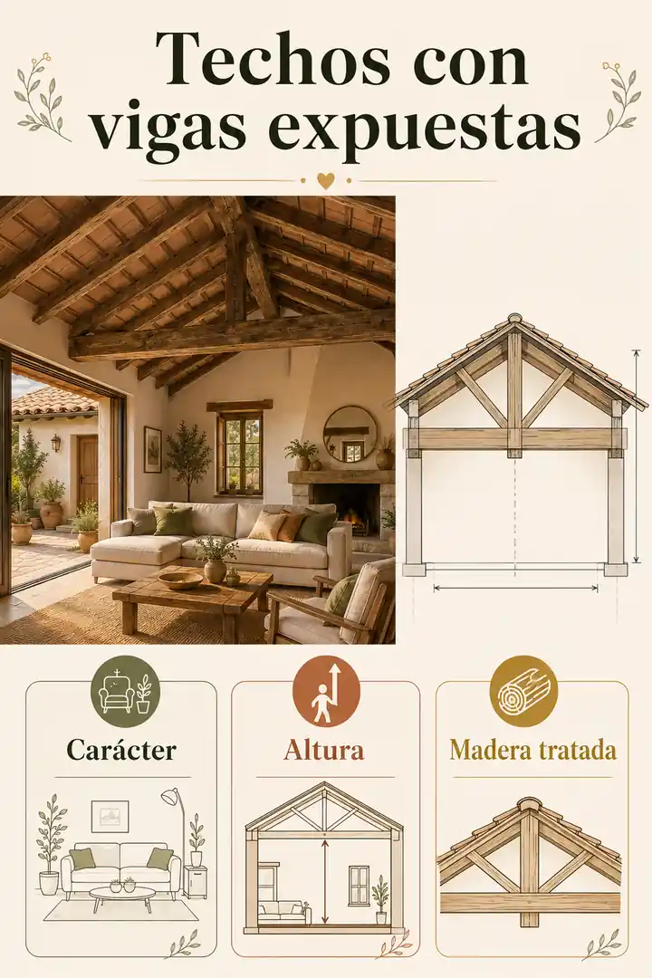 Infografía de techos con vigas expuestas