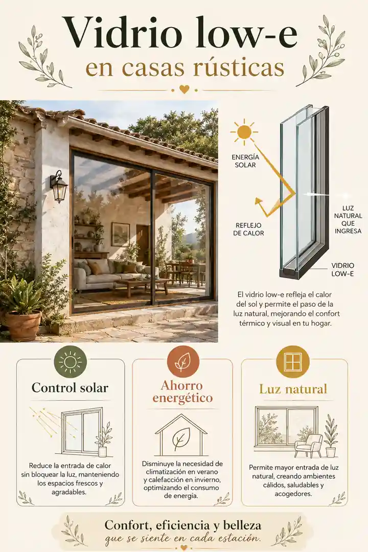 Infografía sobre vidrio low-e en casas rústicas