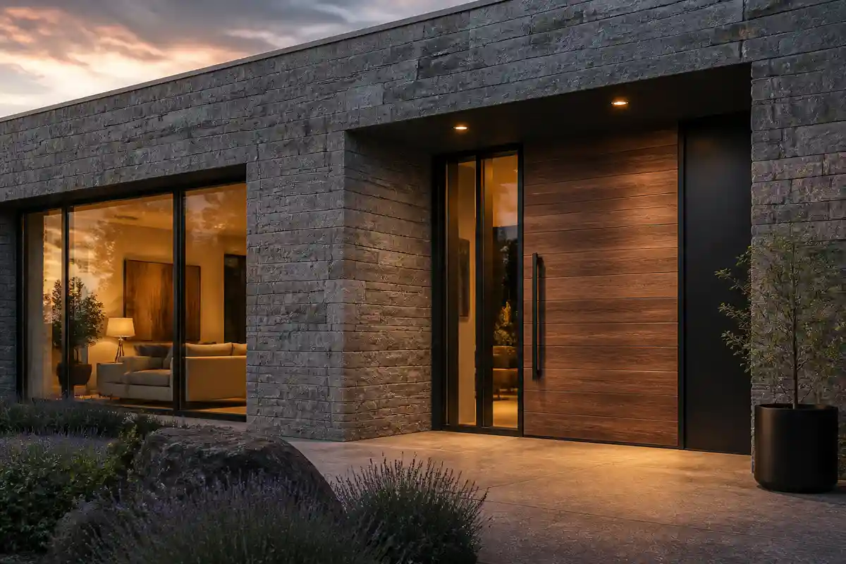 Puerta rústica moderna de madera y metal negro
