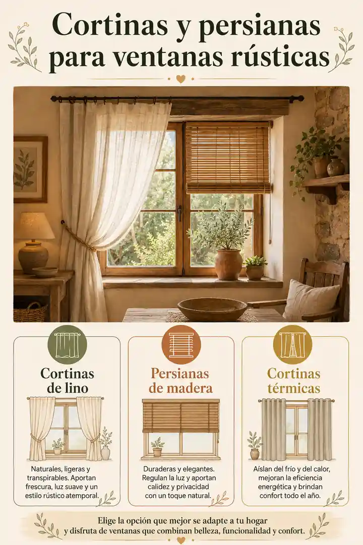 Infografía de cortinas y persianas para ventanas rústicas