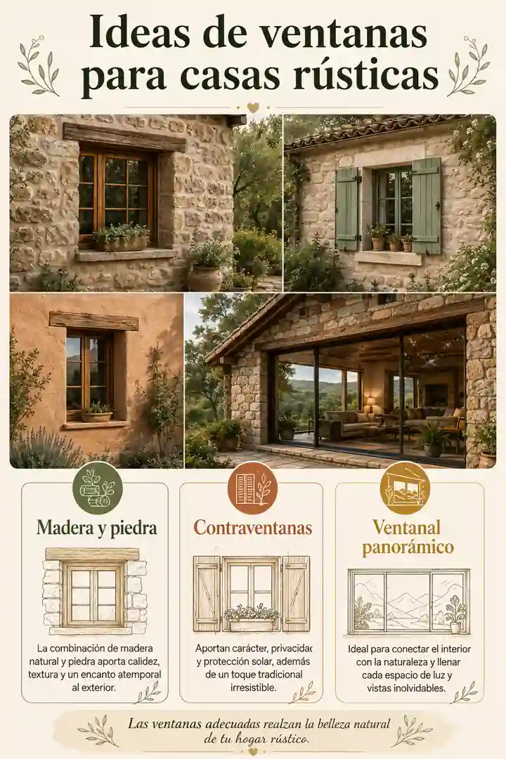 Infografía de ideas de ventanas para casas rústicas