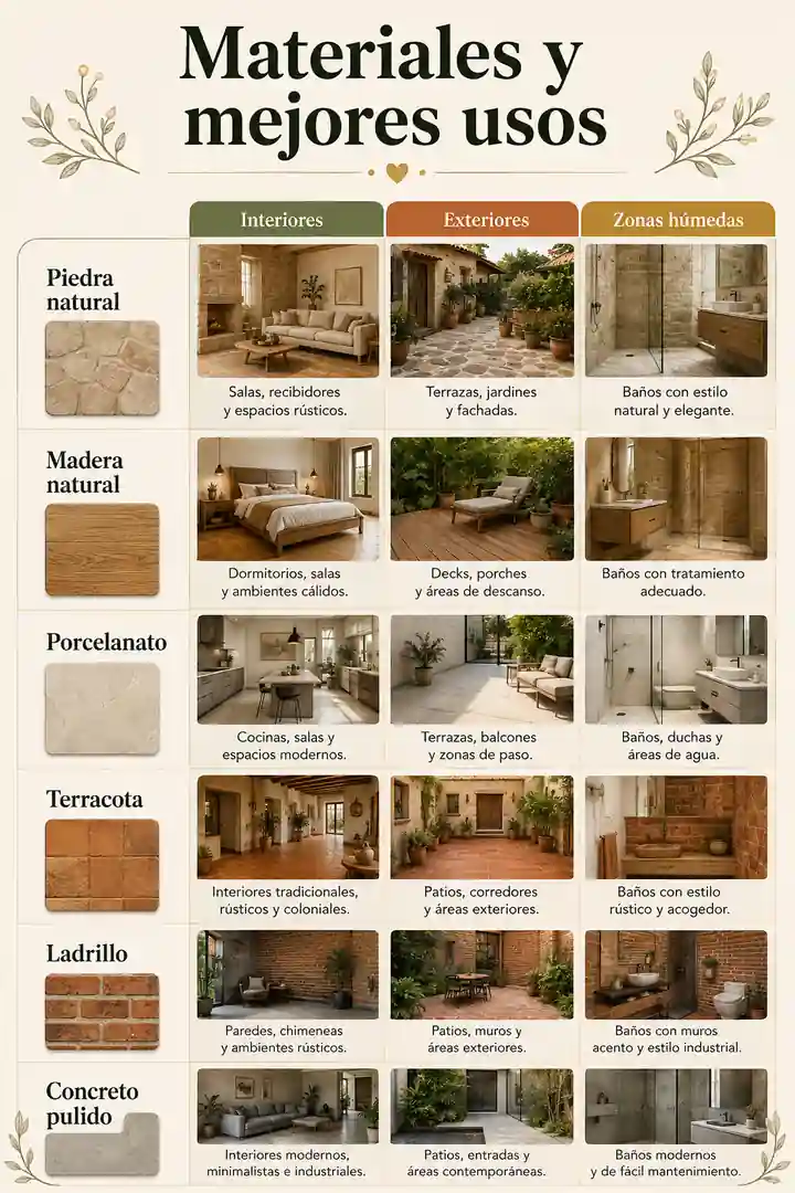 Tabla visual de materiales de pisos rústicos y sus mejores usos