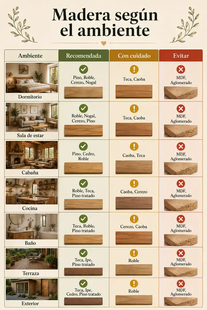 Tabla visual de recomendación de piso de madera según el ambiente