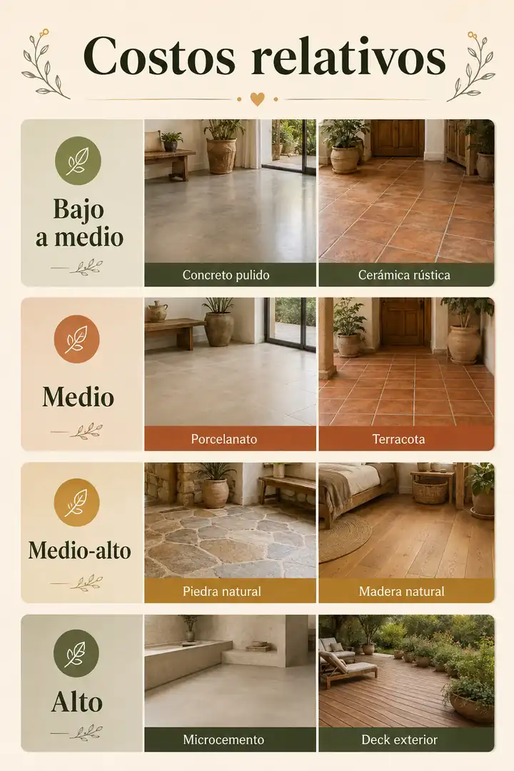Tabla visual de costos relativos de pisos rústicos