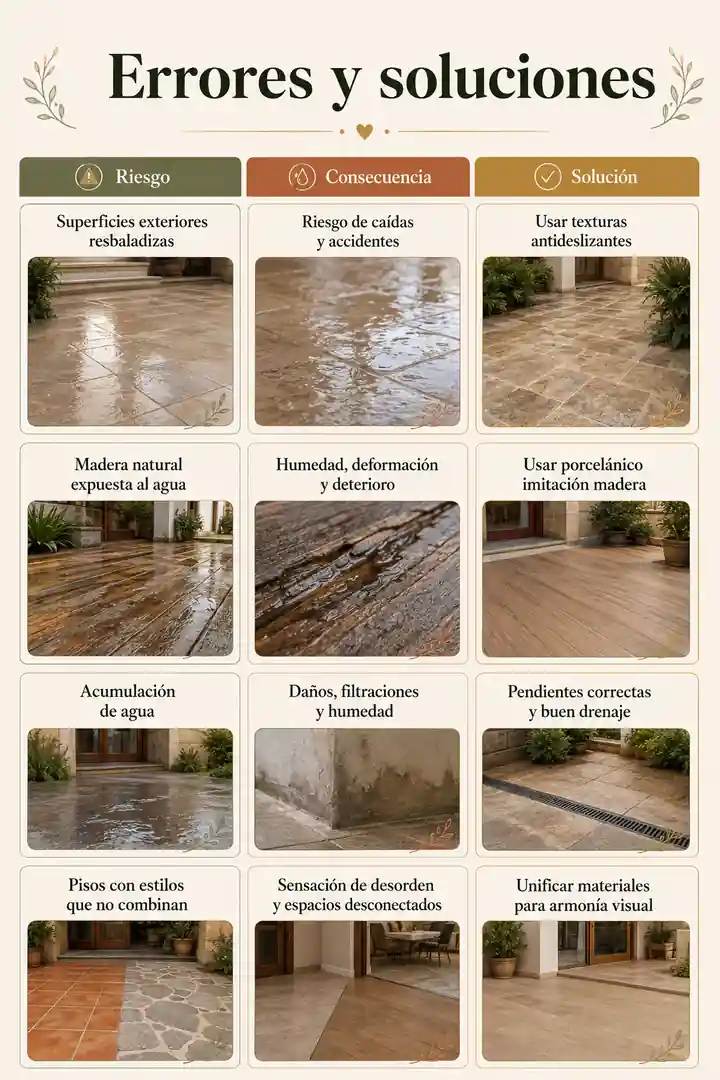 Tabla visual de errores comunes y soluciones al elegir pisos rústicos