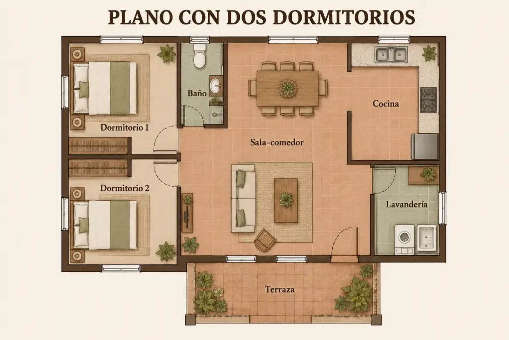 Plano de casa rústica con dos dormitorios