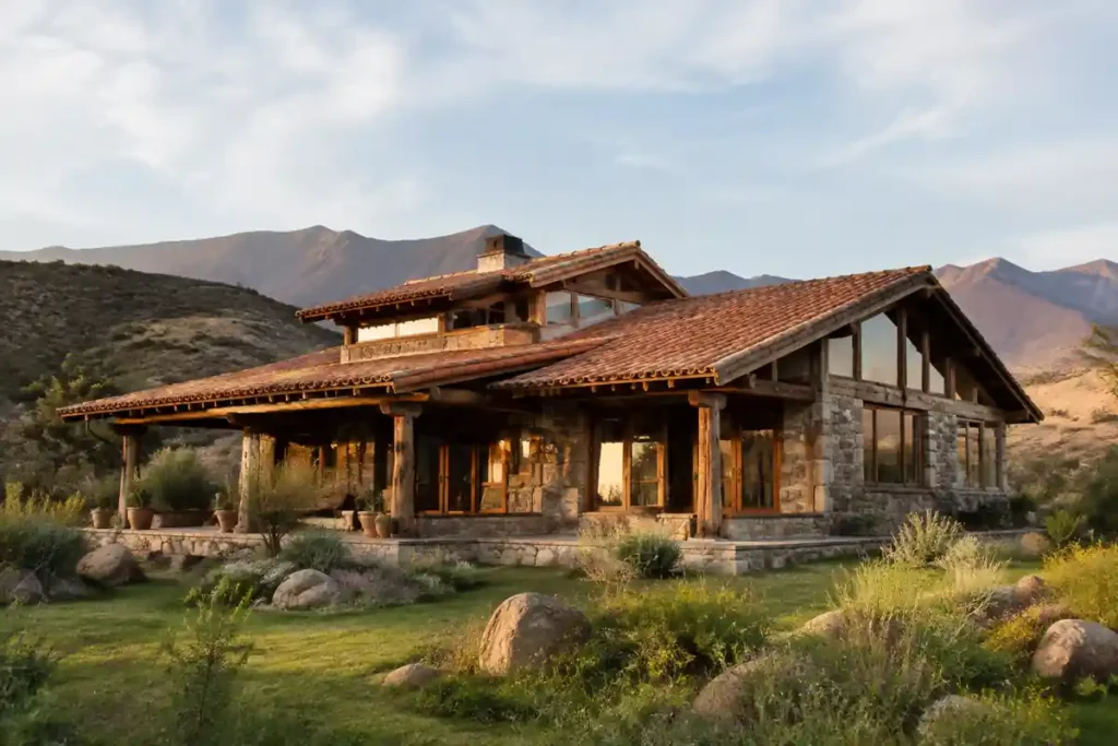 Casa rústica pequeña de piedra y madera con techo de teja y terraza