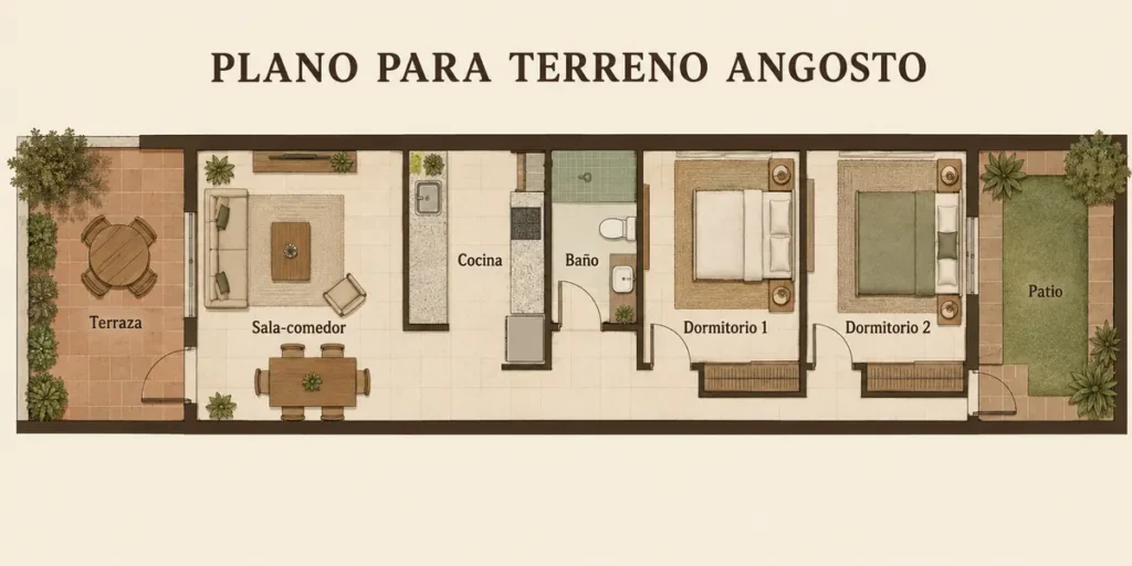 Plano de casa rústica para terreno angosto