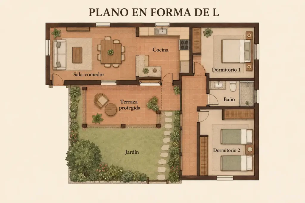 Plano de casa rústica en forma de L con terraza protegida