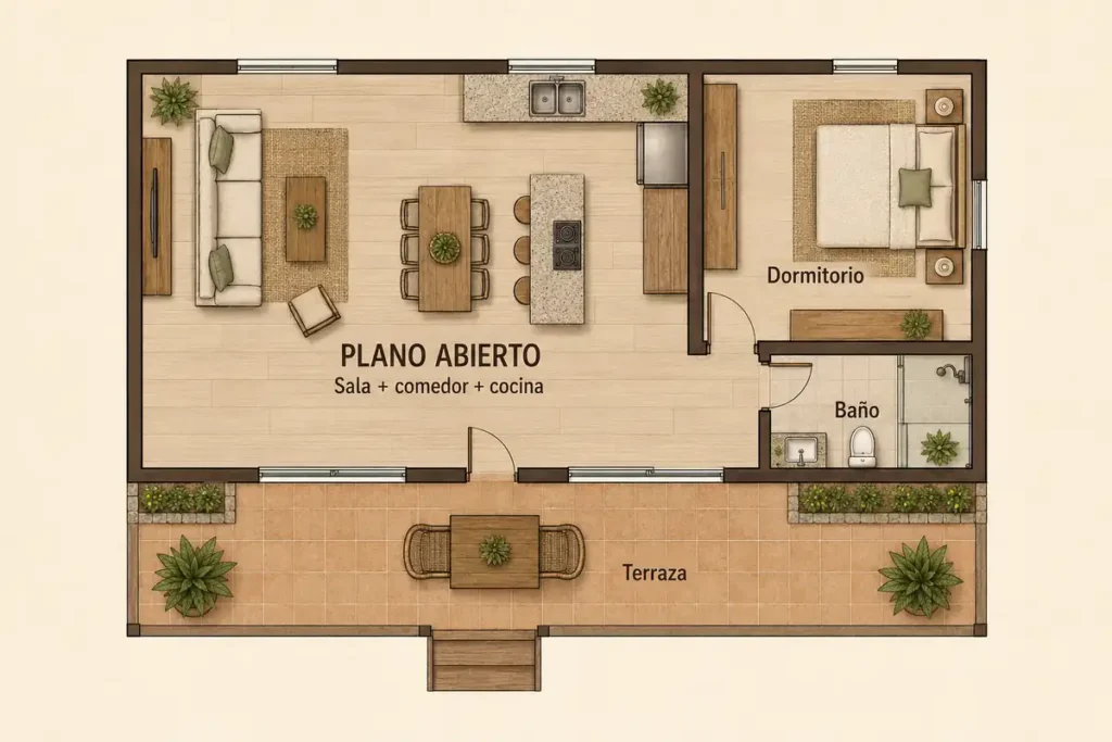 Plano con sala comedor y cocina integrados