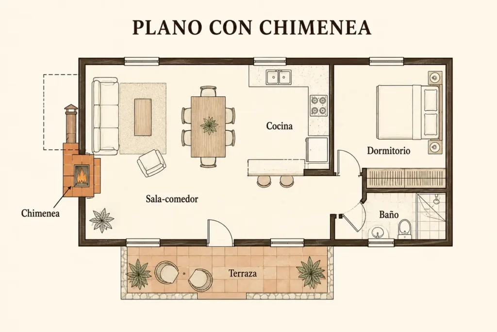 Plano de casa rústica con chimenea en la sala