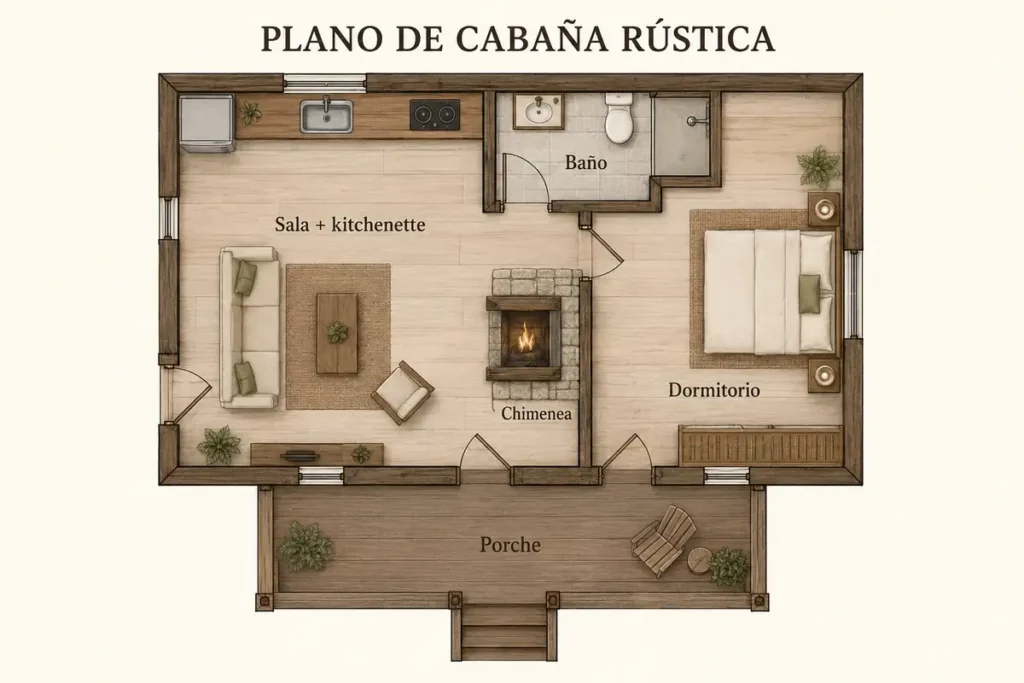 Plano de cabaña rústica pequeña con dormitorio y porche