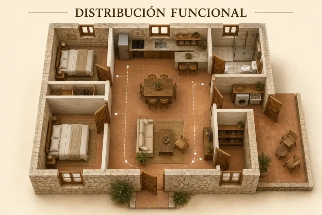Distribución funcional de una casa rústica pequeña