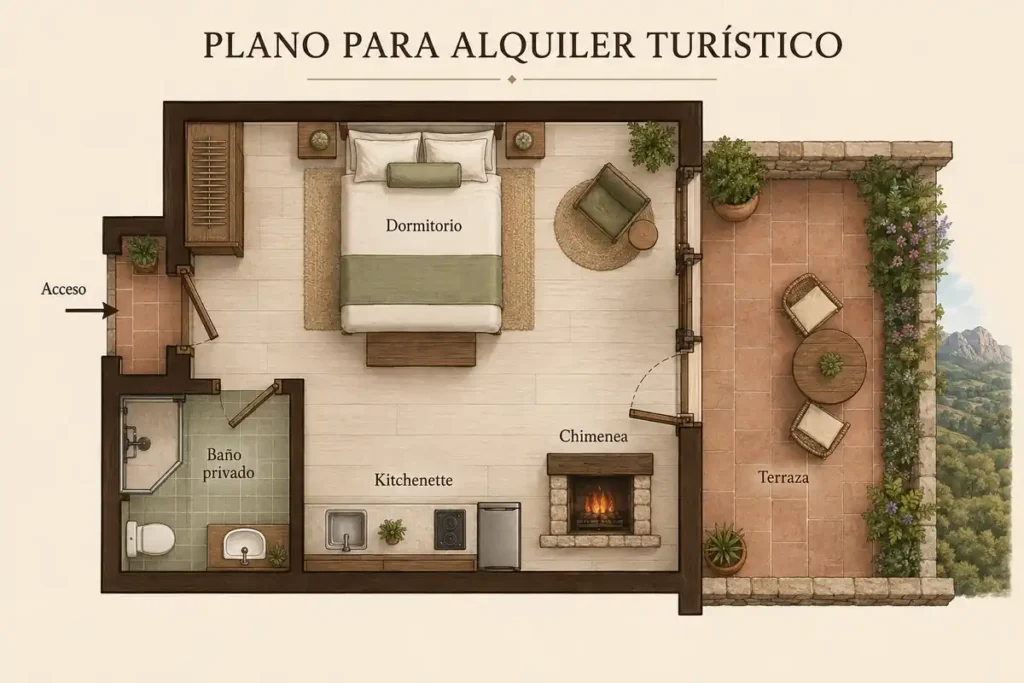 Plano de cabaña para alquiler turístico