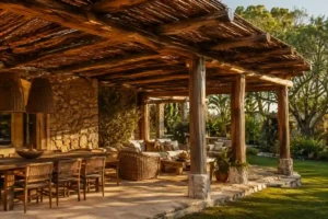 Pérgola rústica de madera en terraza de casa de campo con jardín