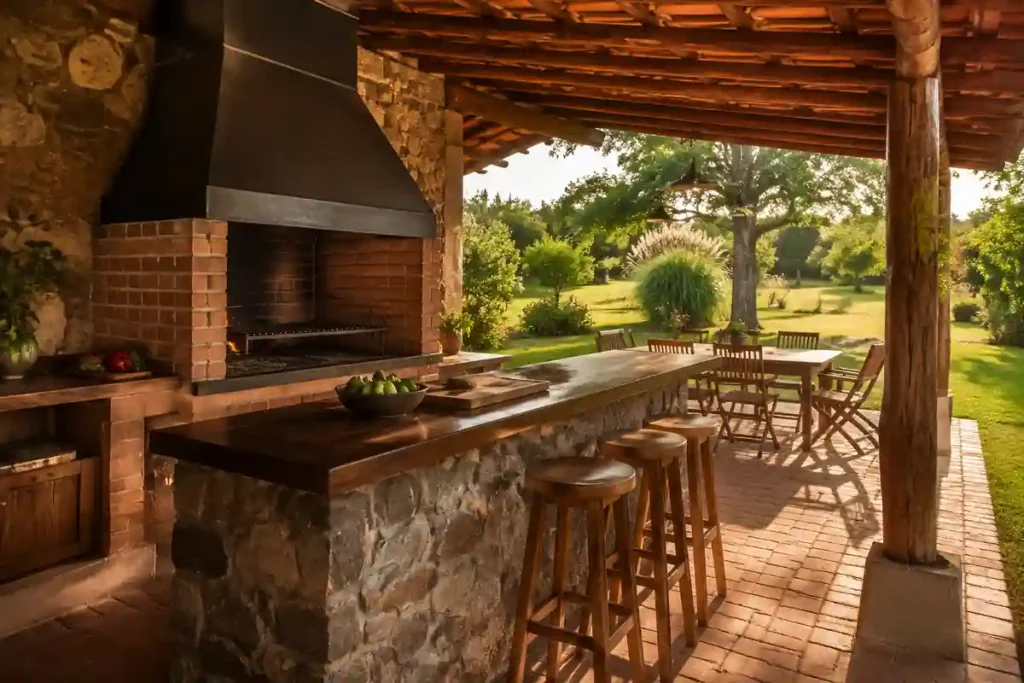 Parrilla rústica de ladrillo y piedra en una casa de campo
