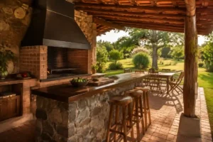 Parrilla rústica de ladrillo y piedra en una casa de campo