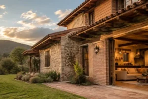 Revestimientos rústicos de piedra, madera y ladrillo en una casa de campo