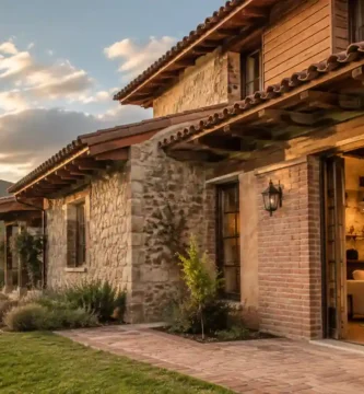 Revestimientos rústicos de piedra, madera y ladrillo en una casa de campo