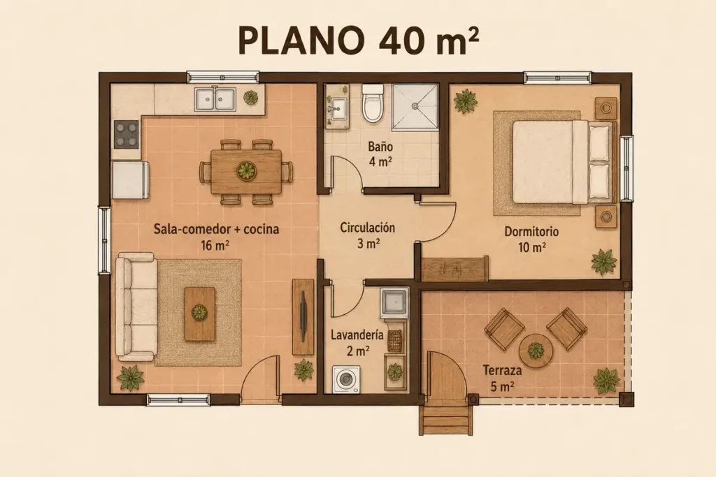 Distribución conceptual con un dormitorio y terraza; ejemplo de 40 m² en total