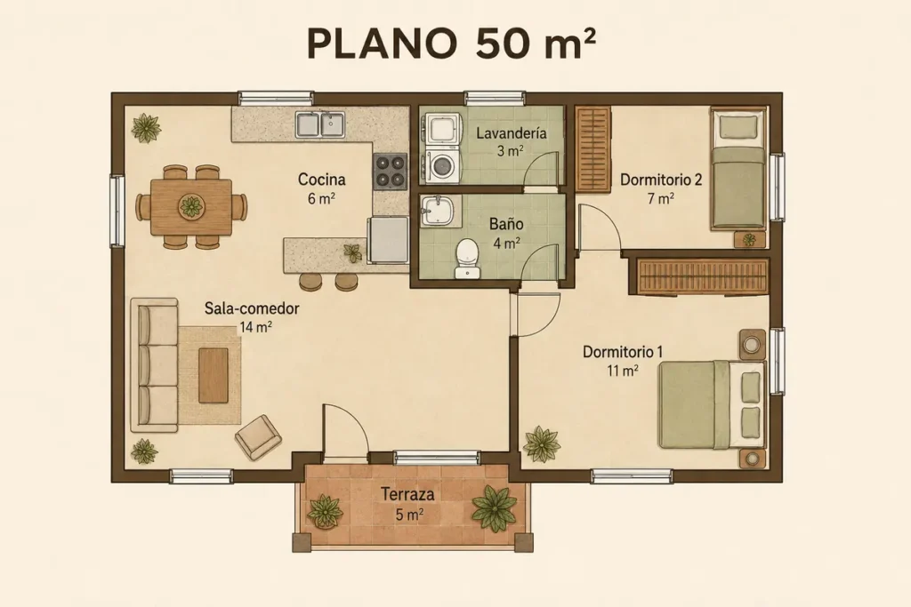 Distribución conceptual con dos dormitorios y terraza; ejemplo de 50 m² en total