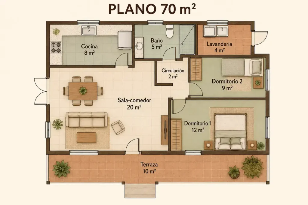 Distribución conceptual con dos dormitorios y terraza; ejemplo de 70 m² en total