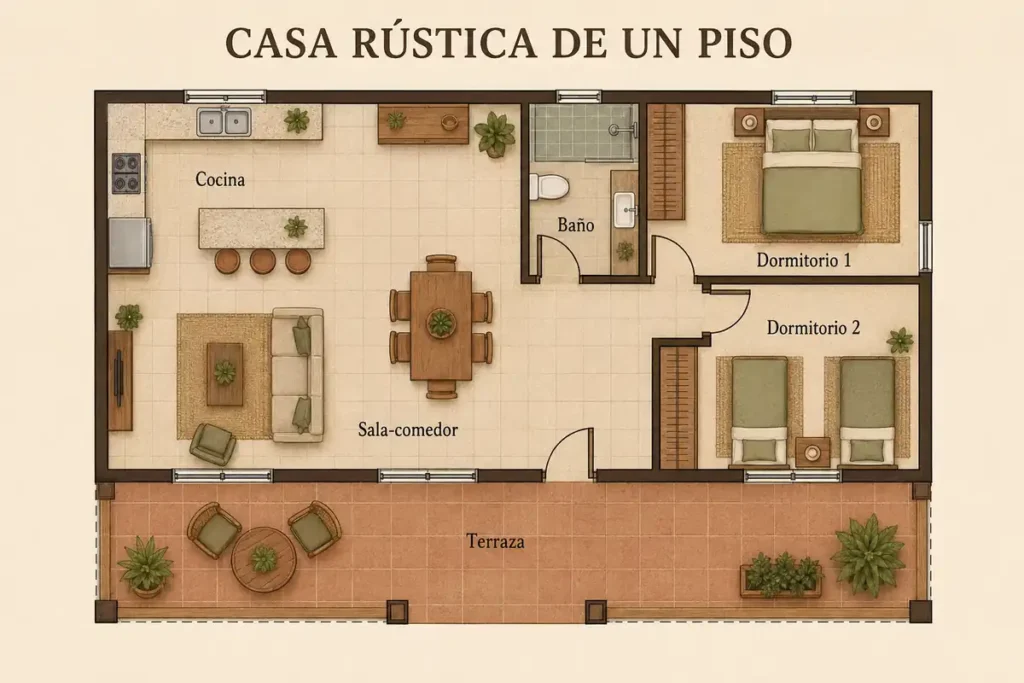 Plano de casa rústica de un piso con dos dormitorios