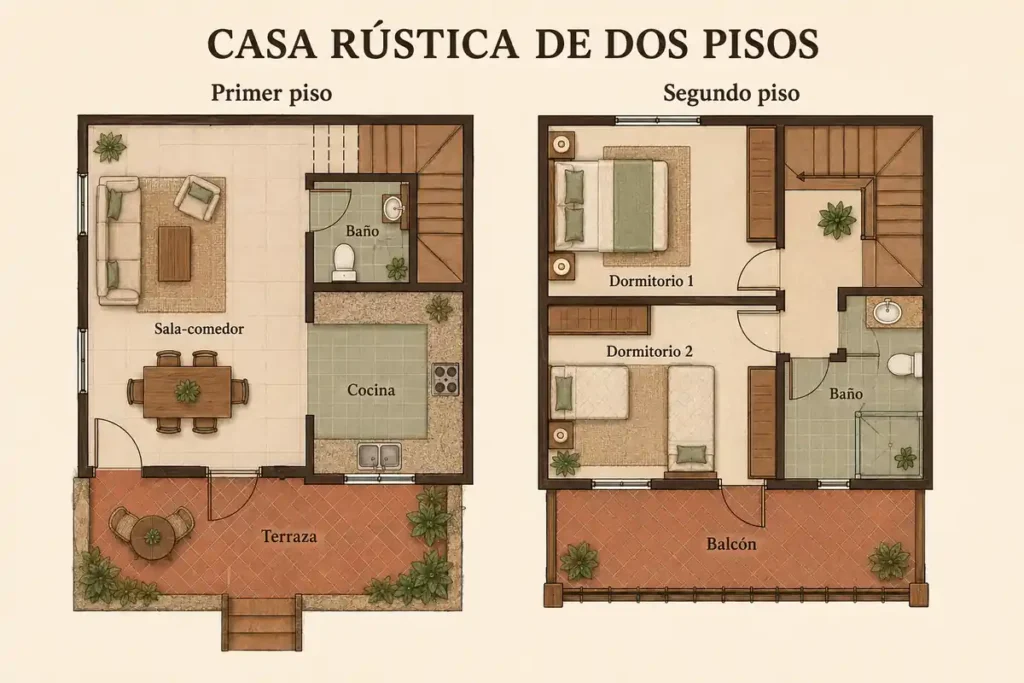 Plano de casa rústica de dos pisos con terraza y balcón