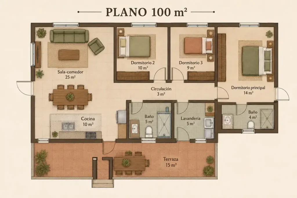Distribución conceptual con tres dormitorios y terraza; ejemplo de 100 m² en total