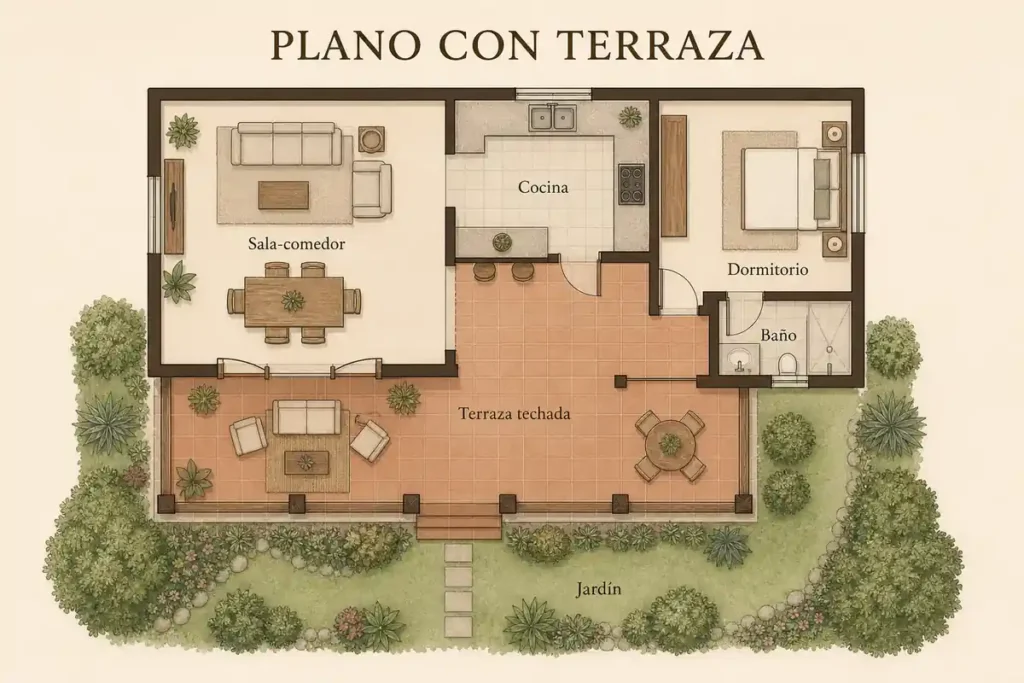 Plano de casa rústica con terraza techada y jardín