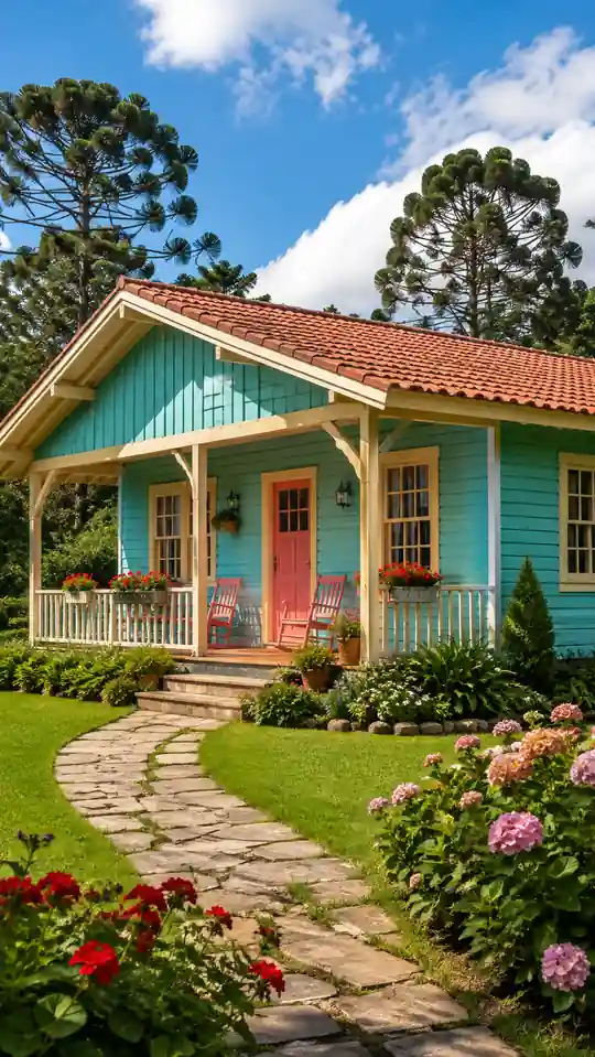Casa turquesa de madera con porche, mecedoras coral y jardín de hortensias