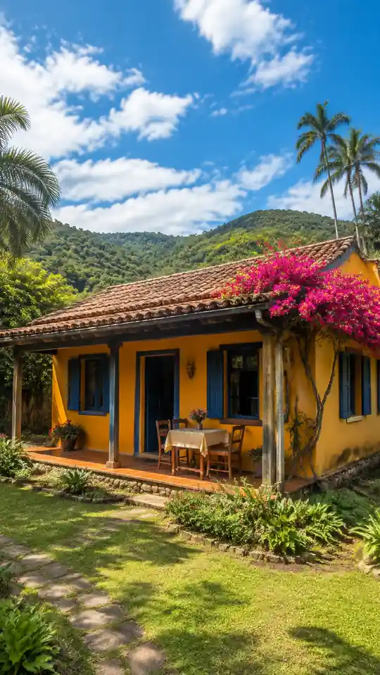 Casa amarilla con ventanas azules, buganvilla y montañas verdes