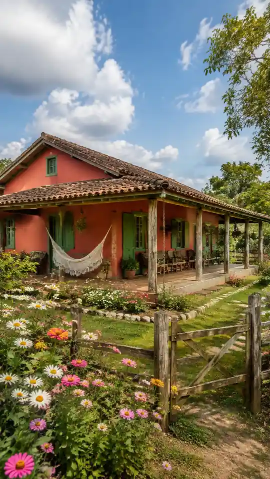 Casa coral con contraventanas verdes, hamaca y cerca de madera