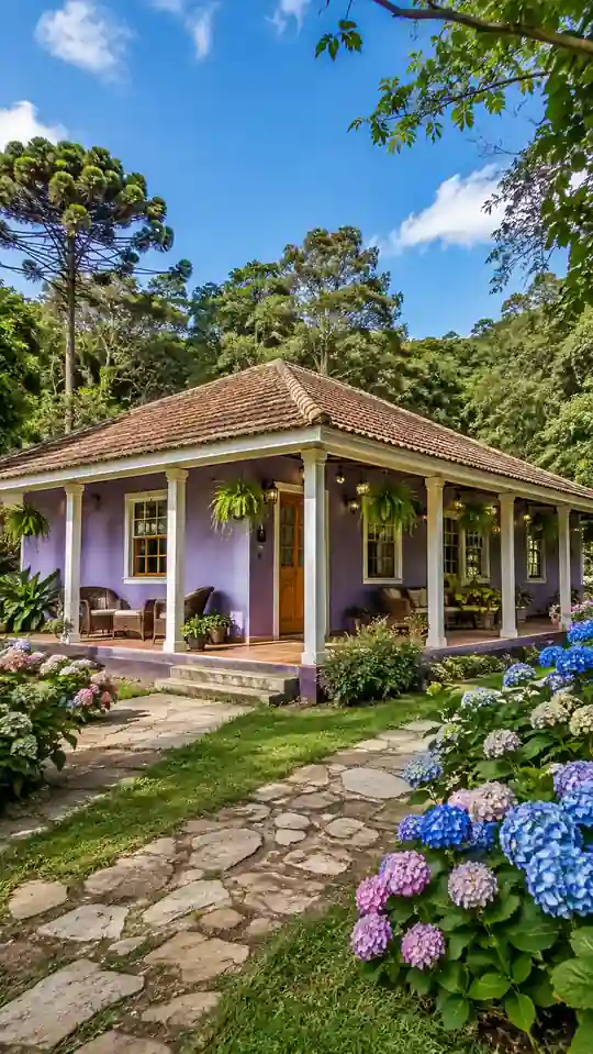 Casa lavanda con columnas claras, helechos y hortensias azules