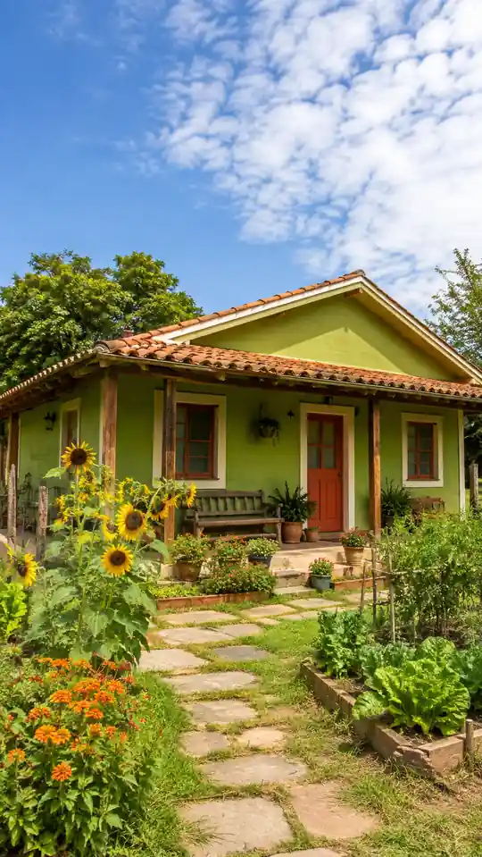 Casa verde pistacho con puerta terracota, girasoles y huerto