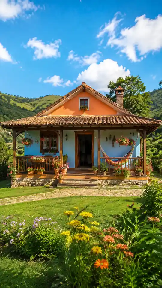 Casa azul con frontón naranja, chimenea y hamaca multicolor