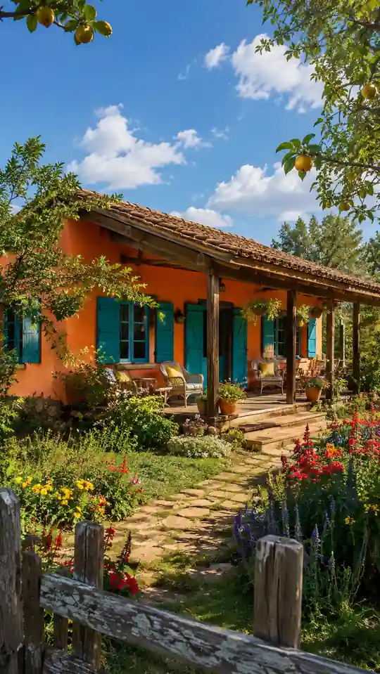 Casa naranja con contraventanas turquesa y porche de madera