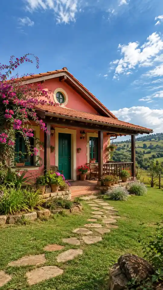 Casa rosada con puerta verde, buganvilla y jardín rural