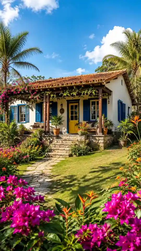 Casa clara con contraventanas azules y puerta amarilla entre flores tropicales